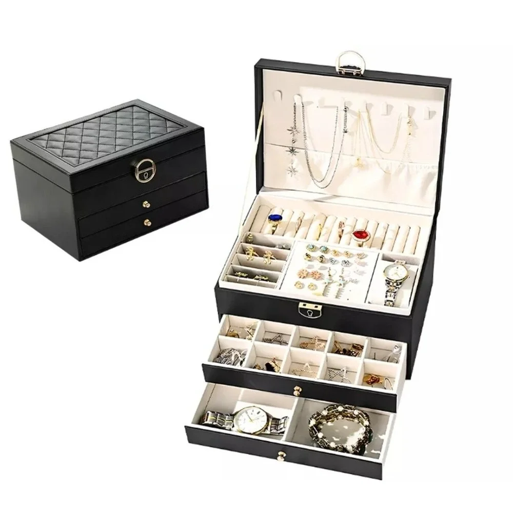 Green Jewellery Box Leather Storage‎ Case Drawer Cabinet Necklace Organizer